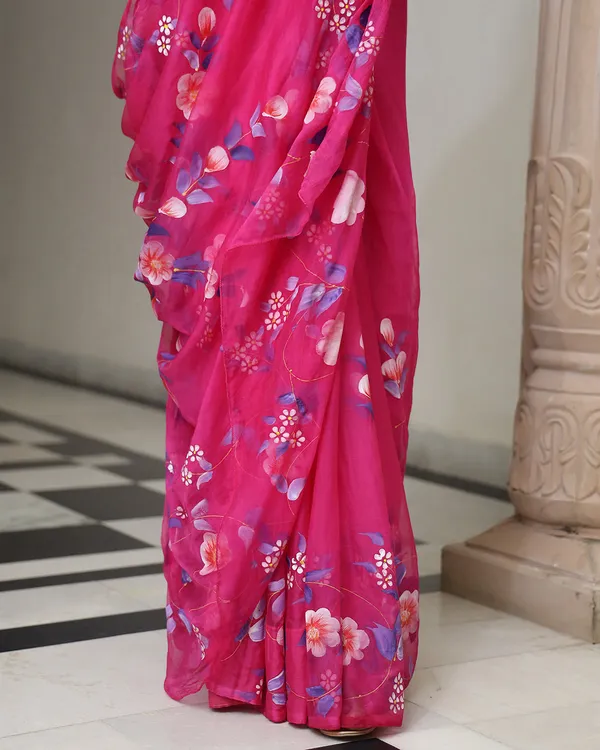 Magenta_Floral_H_Painted_Chiffon_Saree_For_Women